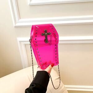 Gothic Pink Coffin Crossbody Bag Transparent PVC Punk Shoulder Purse with Chain